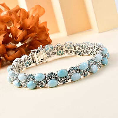 D'Joy Premium Larimar and Multi Gemstone 29.70 ctw Sea Wave Bracelet in Rhodium Over Sterling Silver (7.25 In)