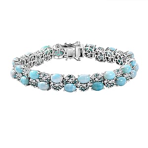 Premium Larimar and Multi Gemstone 32.15 ctw Sea Wave Bracelet in Rhodium Over Sterling Silver (8.00 In)