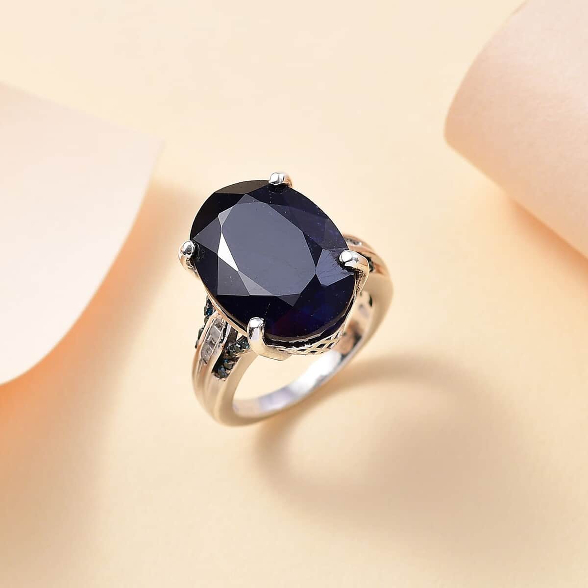 Masoala Sapphire (D), Blue and White Diamond 18.75 ctw River Bridge Ring in Rhodium Over Sterling Silver (Size 10.0) image number 1