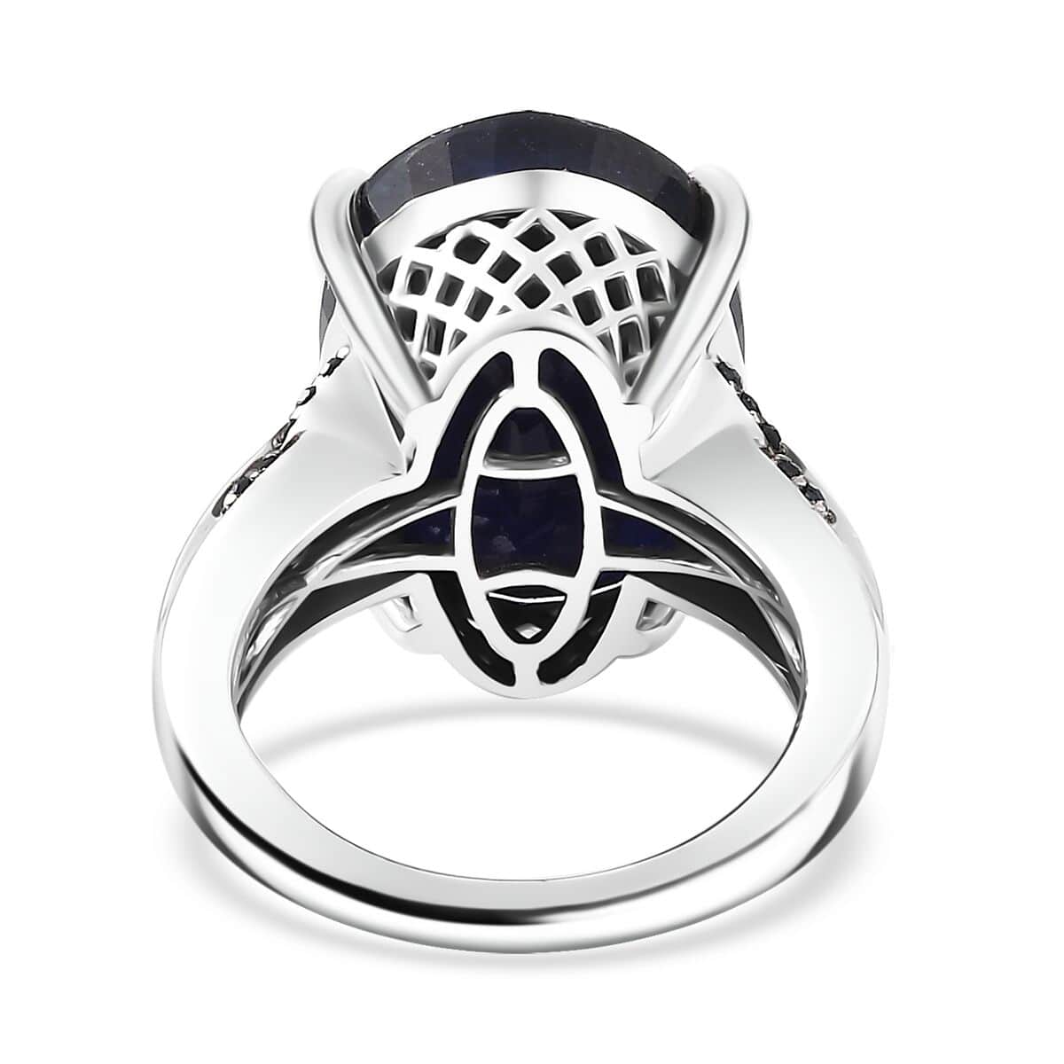 Masoala Sapphire (D), Blue and White Diamond 18.75 ctw River Bridge Ring in Rhodium Over Sterling Silver (Size 10.0) image number 4