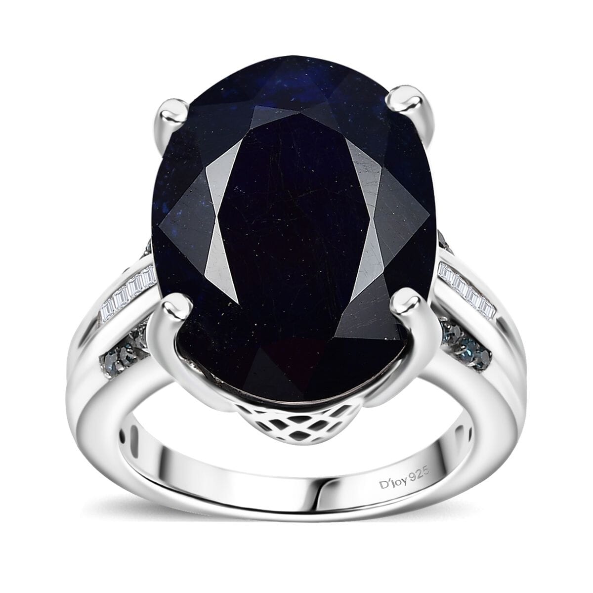 Masoala Sapphire (D), Blue and White Diamond 18.75 ctw River Bridge Ring in Rhodium Over Sterling Silver (Size 7.0) image number 0