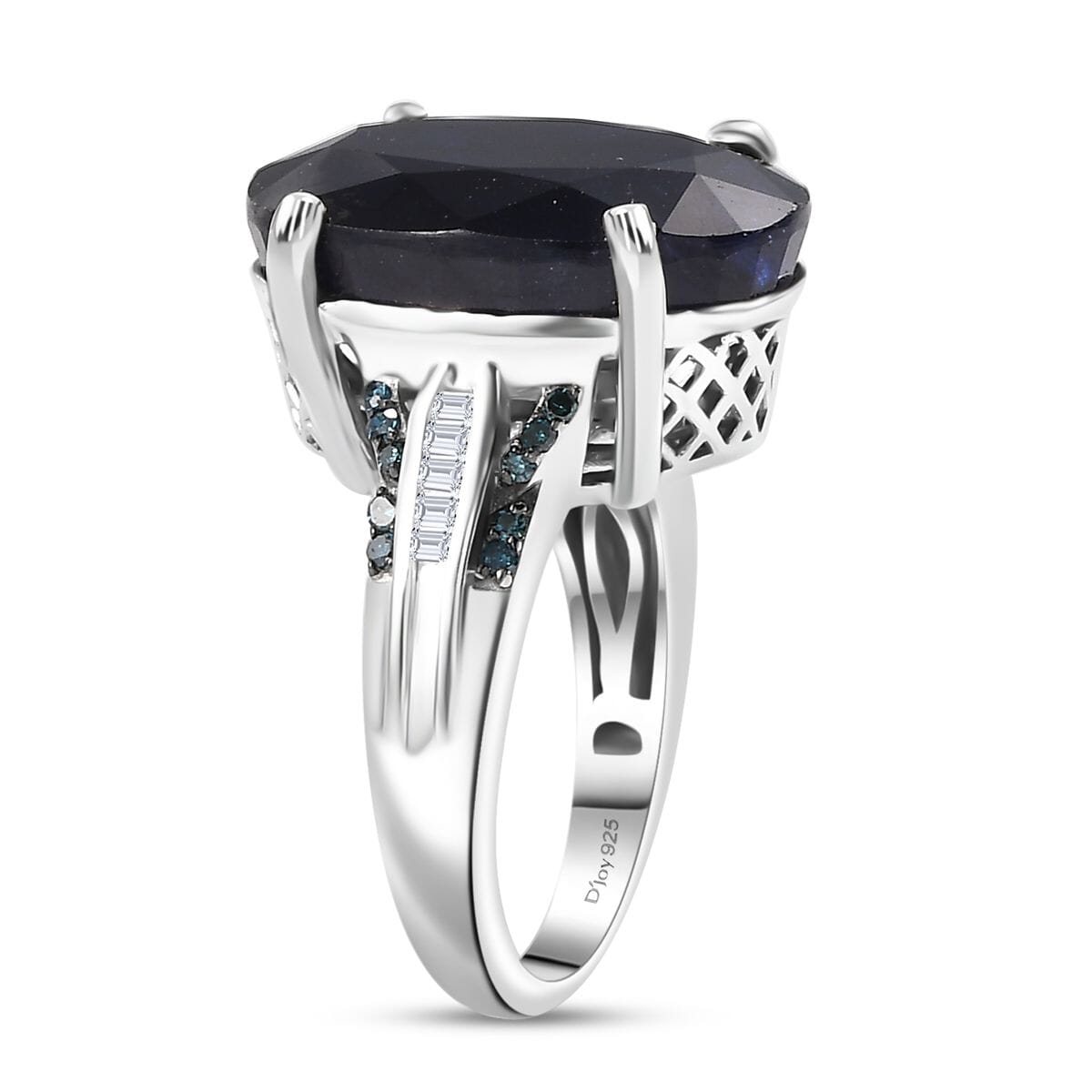 Masoala Sapphire (D), Blue and White Diamond 18.75 ctw River Bridge Ring in Rhodium Over Sterling Silver (Size 7.0) image number 3