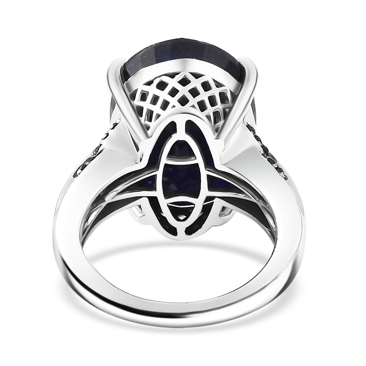 Masoala Sapphire (D), Blue and White Diamond 18.75 ctw River Bridge Ring in Rhodium Over Sterling Silver (Size 8.0) image number 4