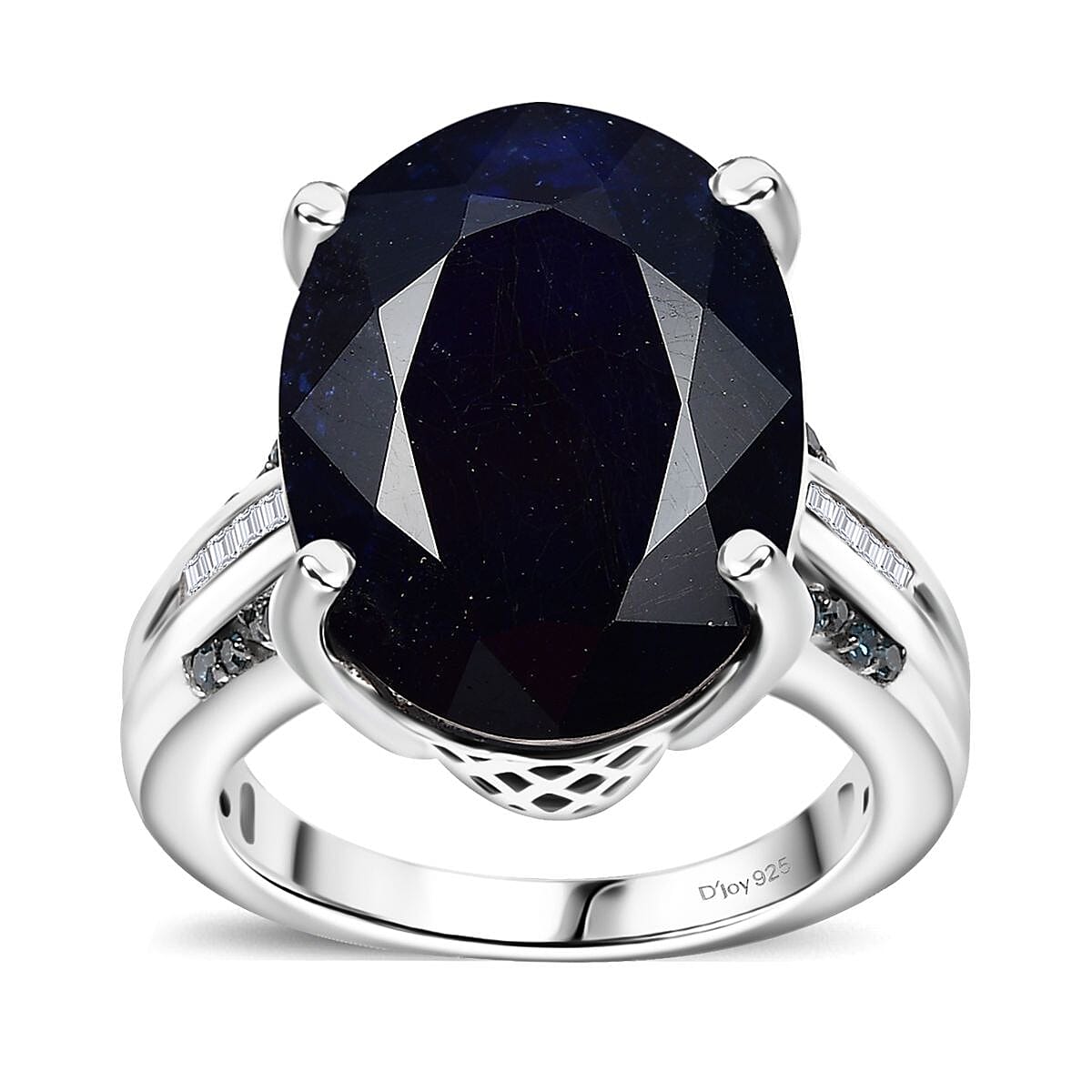 Masoala Sapphire (D), Blue and White Diamond 18.75 ctw River Bridge Ring in Rhodium Over Sterling Silver (Size 9.0) image number 0