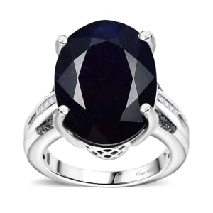 Masoala Sapphire (D), Blue and White Diamond 18.75 ctw River Bridge Ring in Rhodium Over Sterling Silver (Size 9.0)