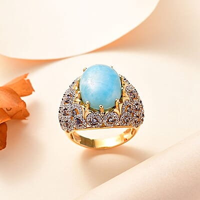 Premium Larimar and Multi Gemstone 13.20 ctw Ocean Crown Ring in 18K Vermeil Yellow Gold Over Sterling Silver (Size 10.0)