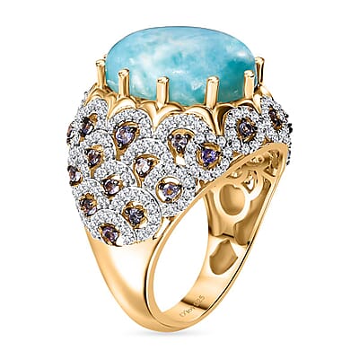 Premium Larimar and Multi Gemstone 13.20 ctw Ocean Crown Ring in 18K Vermeil Yellow Gold Over Sterling Silver (Size 10.0)