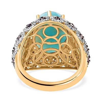 Premium Larimar and Multi Gemstone 13.20 ctw Ocean Crown Ring in 18K Vermeil Yellow Gold Over Sterling Silver (Size 10.0)