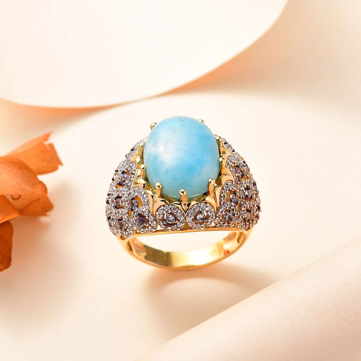 Premium Larimar and Multi Gemstone 13.20 ctw Ocean Crown Ring in 18K Vermeil Yellow Gold Over Sterling Silver (Size 7.0) image number 1