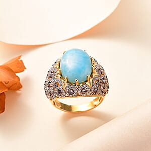 D'Joy Premium Larimar and Multi Gemstone 13.20 ctw Ocean Crown Ring in 18K Vermeil Yellow Gold Over Sterling Silver (Size 7.0)