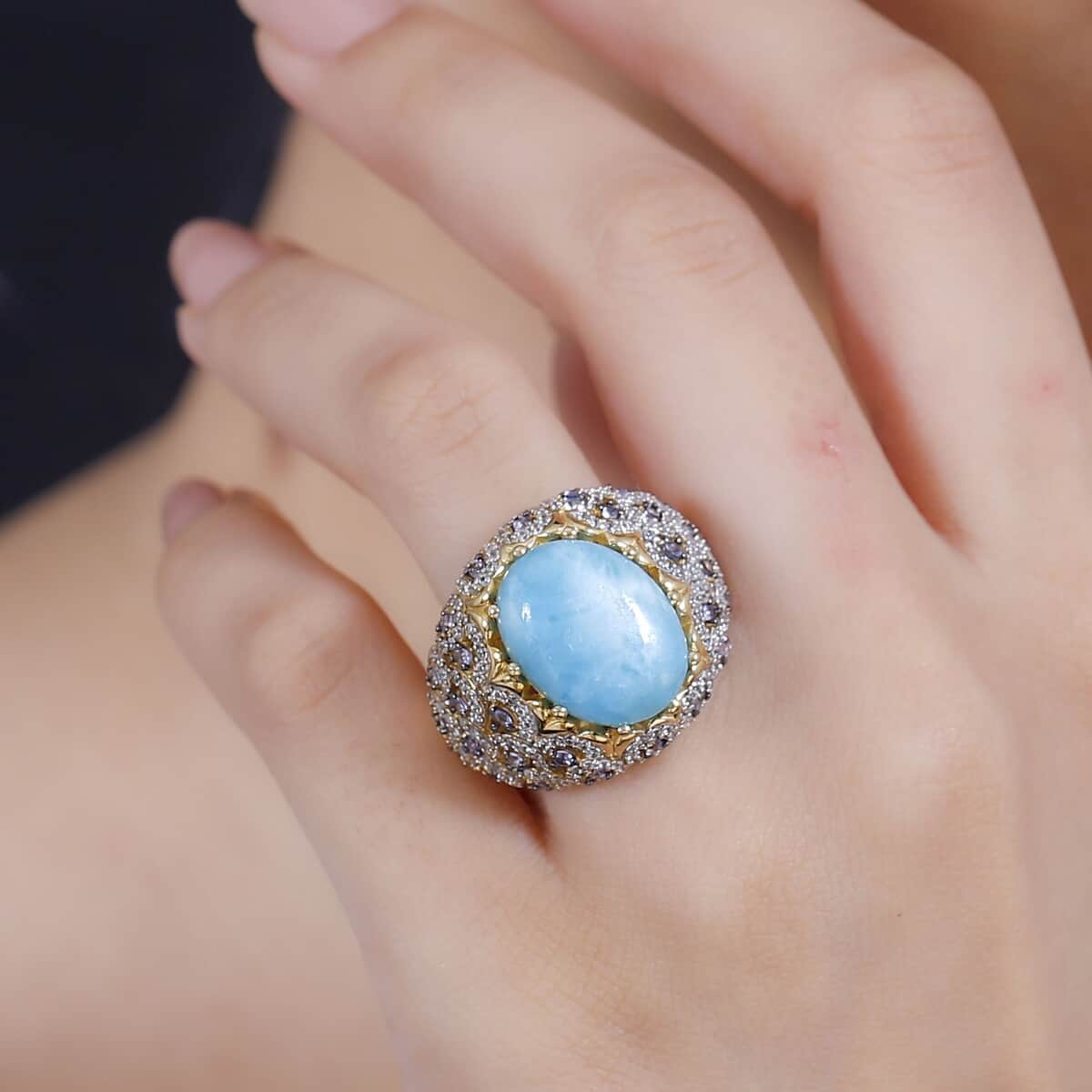 Premium Larimar and Multi Gemstone 13.20 ctw Ocean Crown Ring in 18K Vermeil Yellow Gold Over Sterling Silver (Size 7.0) image number 2