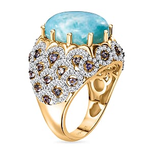 D'Joy Premium Larimar and Multi Gemstone 13.20 ctw Ocean Crown Ring in 18K Vermeil Yellow Gold Over Sterling Silver (Size 7.0)