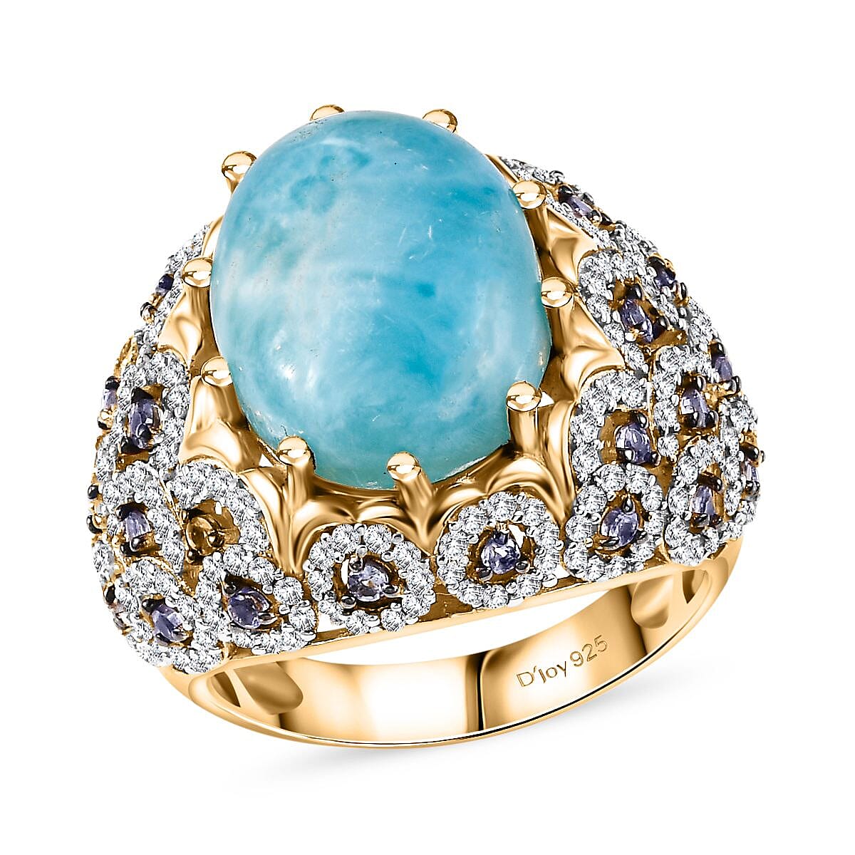 Premium Larimar and Multi Gemstone 13.20 ctw Ocean Crown Ring in 18K Vermeil Yellow Gold Over Sterling Silver (Size 8.0) image number 0