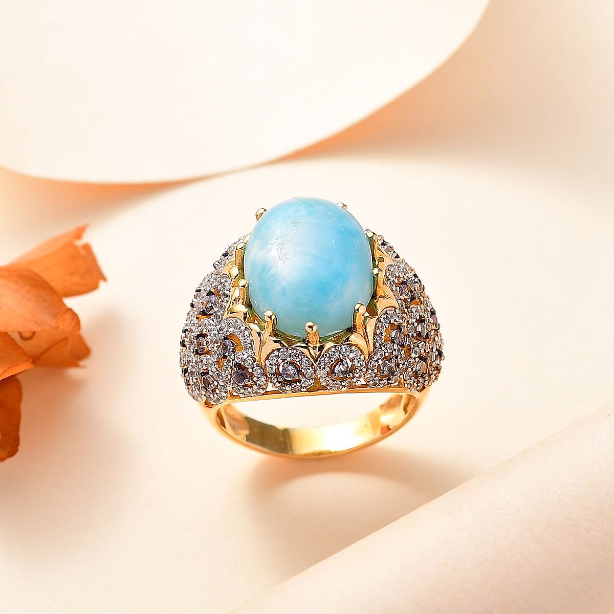Premium Larimar and Multi Gemstone 13.20 ctw Ocean Crown Ring in 18K Vermeil Yellow Gold Over Sterling Silver (Size 8.0) image number 1