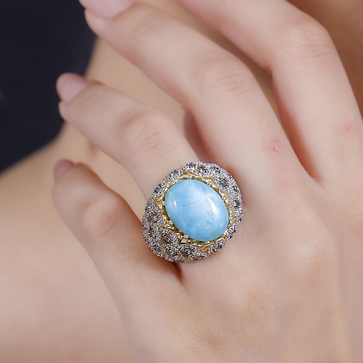 Premium Larimar and Multi Gemstone 13.20 ctw Ocean Crown Ring in 18K Vermeil Yellow Gold Over Sterling Silver (Size 8.0) image number 2