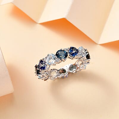 Multi Gemstone 6.35 ctw Ocean Hues Band Ring in Rhodium Over Sterling Silver (Size 6.0)