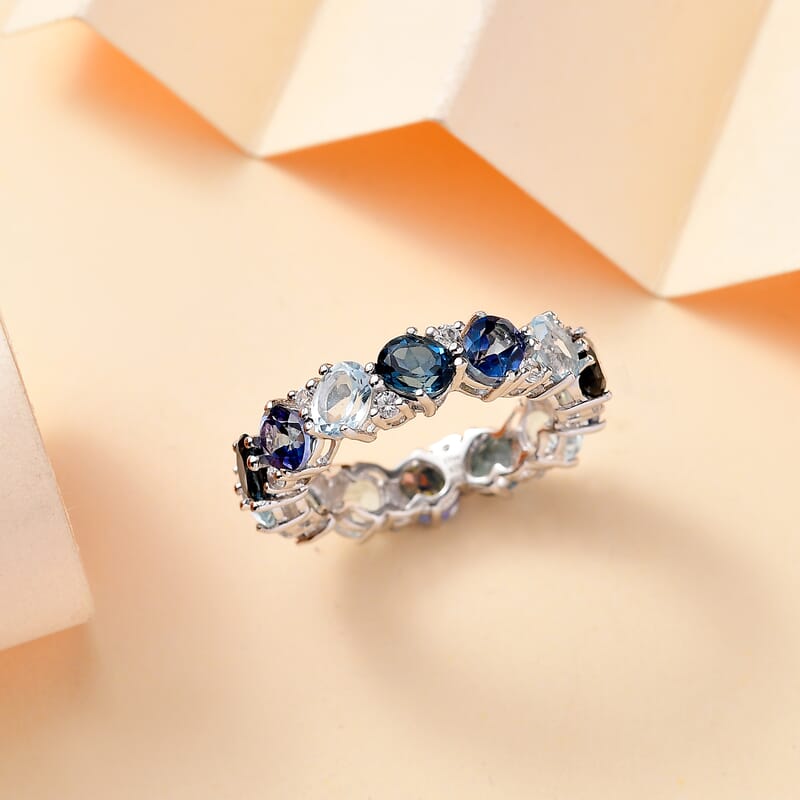 Multi Gemstone 6.35 ctw Ocean Hues Band Ring in Rhodium Over Sterling Silver (Size 6.0)