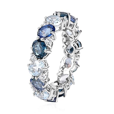 Multi Gemstone 6.35 ctw Ocean Hues Band Ring in Rhodium Over Sterling Silver (Size 6.0)