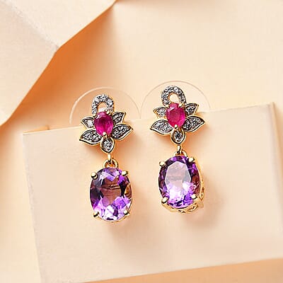 Moroccan Rose and Multi Gemstone 4.35 ctw Flower Earrings in 18K Vermeil Yellow Gold Over Sterling Silver