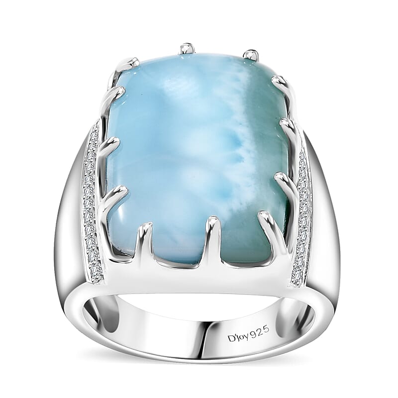 Premium Larimar and Moissanite 16.85 ctw Waves Mens Ring in Rhodium Over Sterling Silver (Size 10.0)