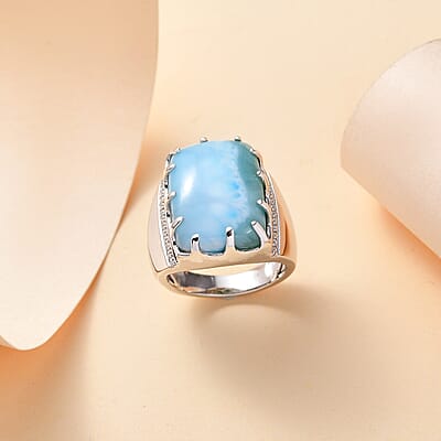 Premium Larimar and Moissanite 16.85 ctw Waves Mens Ring in Rhodium Over Sterling Silver (Size 10.0)