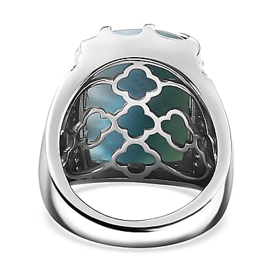 Premium Larimar and Moissanite 16.85 ctw Waves Mens Ring in Rhodium Over Sterling Silver (Size 10.0)