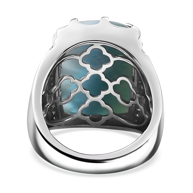 Premium Larimar and Moissanite 16.85 ctw Waves Mens Ring in Rhodium Over Sterling Silver (Size 10.0)