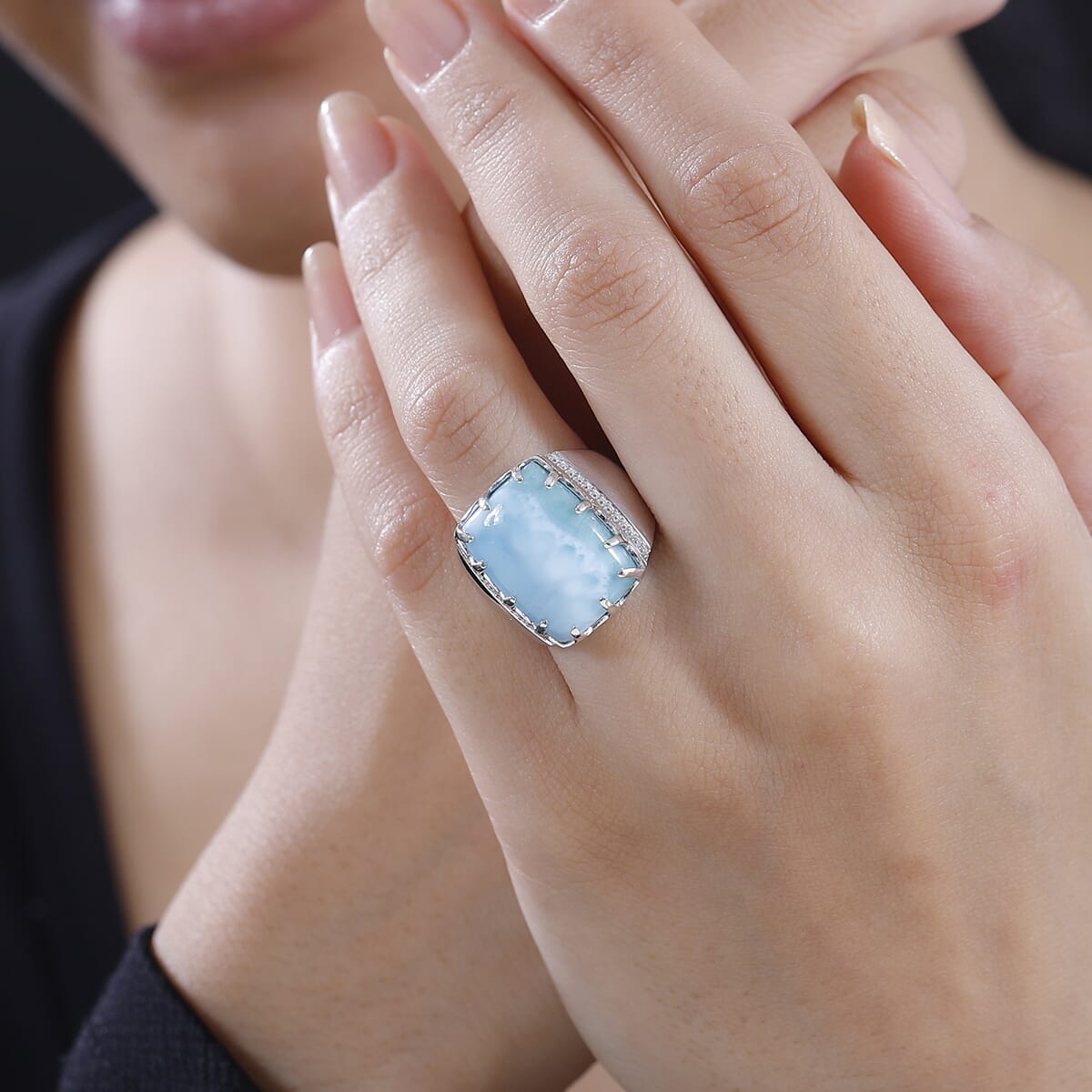 Premium Larimar and Moissanite 16.85 ctw Waves Mens Ring in Rhodium Over Sterling Silver (Size 7.0) image number 2