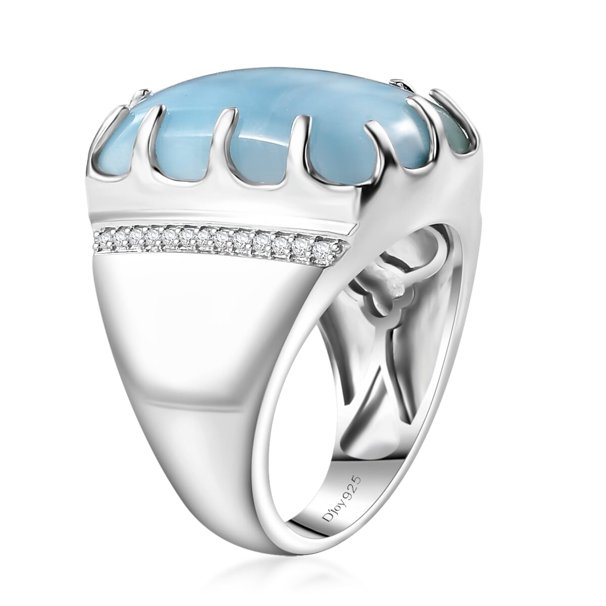 Premium Larimar and Moissanite 16.85 ctw Waves Mens Ring in Rhodium Over Sterling Silver (Size 7.0) image number 3