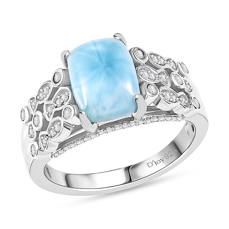 Larimar and White Zircon 3.10 ctw Fish and Bubble Ring in Rhodium Over Sterling Silver (Size 10.0)