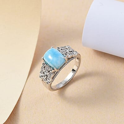 Larimar and White Zircon 3.10 ctw Fish and Bubble Ring in Rhodium Over Sterling Silver (Size 10.0)
