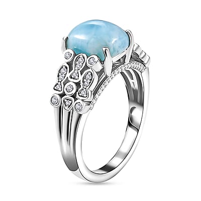 Larimar and White Zircon 3.10 ctw Fish and Bubble Ring in Rhodium Over Sterling Silver (Size 10.0)
