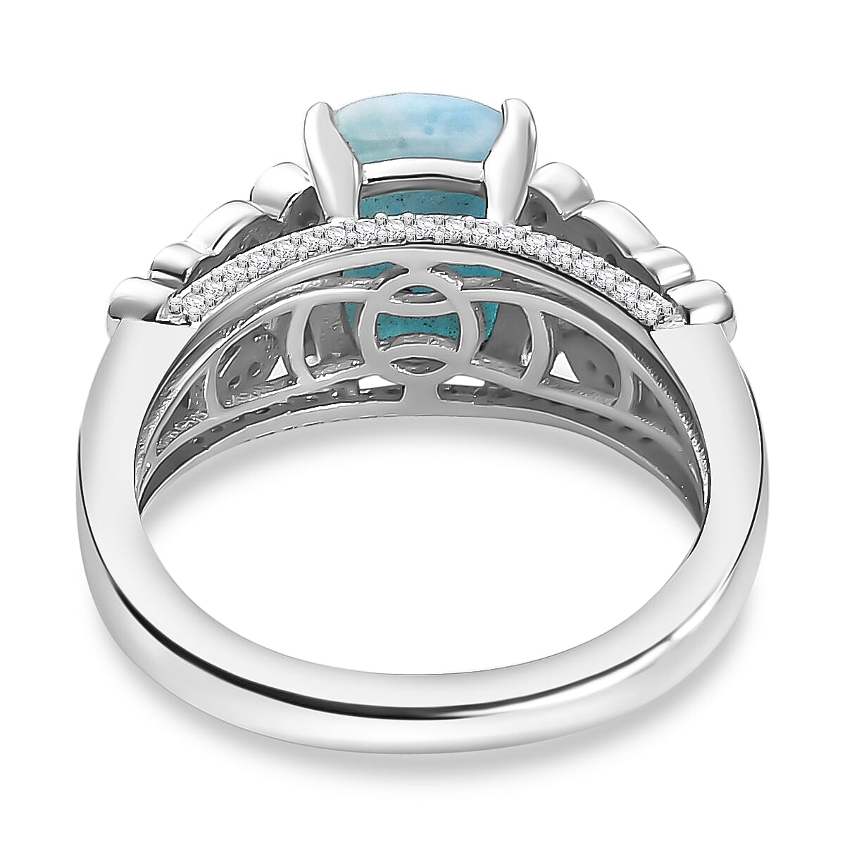 Larimar and White Zircon 3.10 ctw Fish and Bubble Ring in Rhodium Over Sterling Silver (Size 10.0)