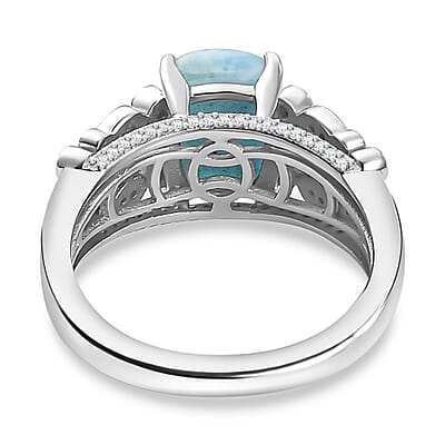 Larimar and White Zircon 3.10 ctw Fish and Bubble Ring in Rhodium Over Sterling Silver (Size 10.0)