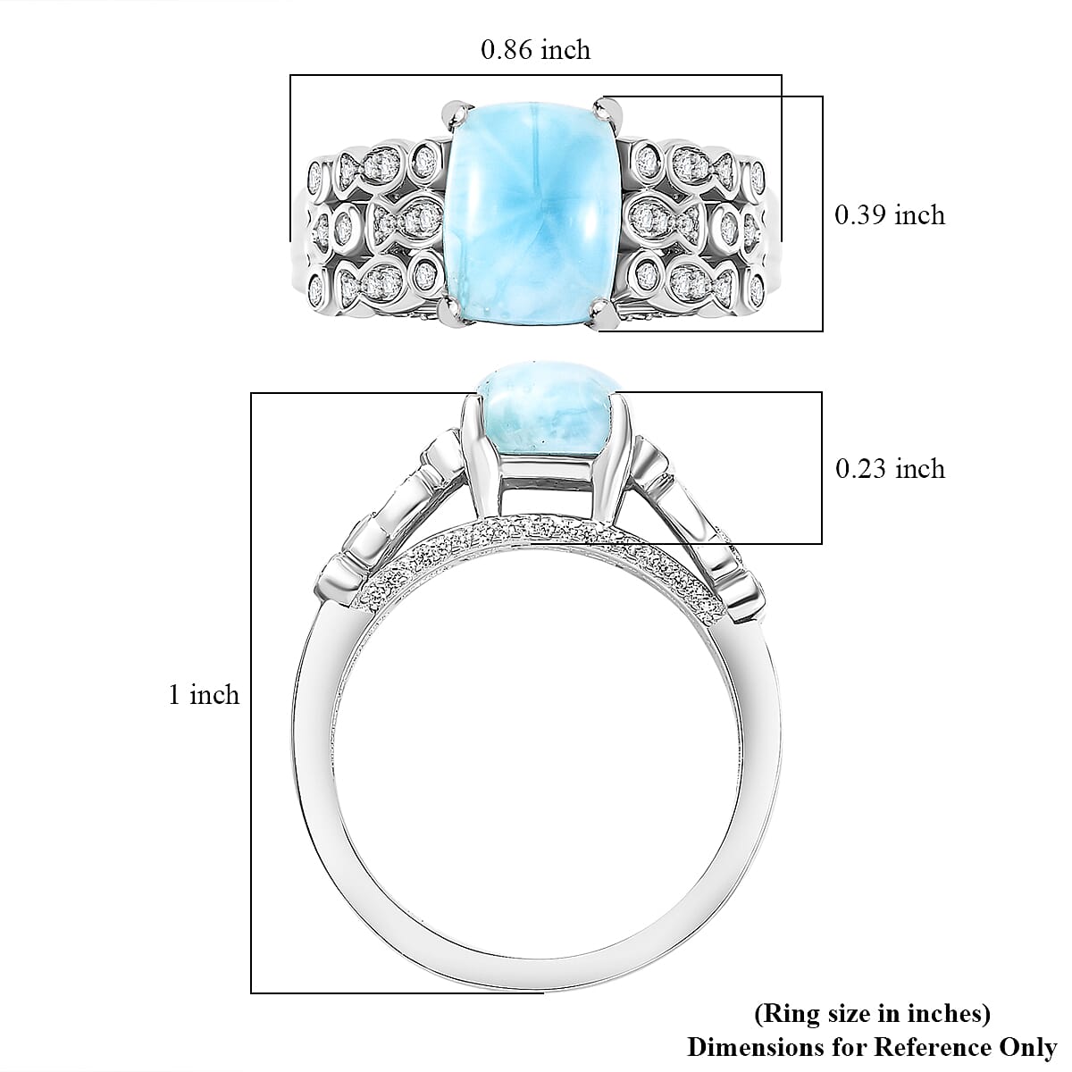 Larimar and White Zircon 3.10 ctw Fish and Bubble Ring in Rhodium Over Sterling Silver (Size 10.0)