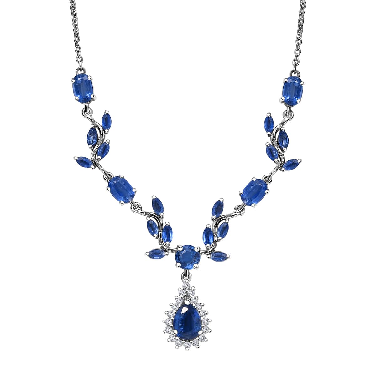 Kashmir Kyanite and White Zircon 7.00 ctw Drop Leaf Necklace in Rhodium Over Sterling Silver 18 Inches image number 0