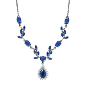 Kashmir Kyanite and White Zircon 7.00 ctw Drop Leaf Necklace in Rhodium Over Sterling Silver 18 Inches