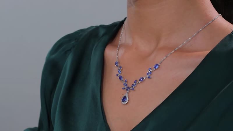 Kashmir Kyanite and White Zircon 7.00 ctw Drop Leaf Necklace in Rhodium Over Sterling Silver 18 Inches