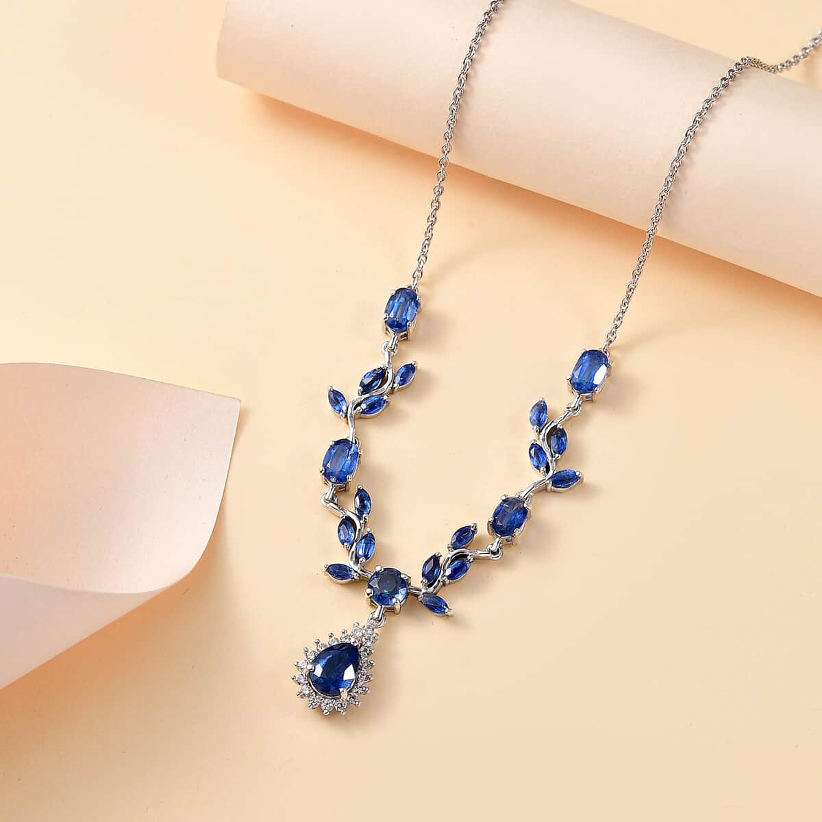 Kashmir Kyanite and White Zircon 7.00 ctw Drop Leaf Necklace in Rhodium Over Sterling Silver 18 Inches image number 1