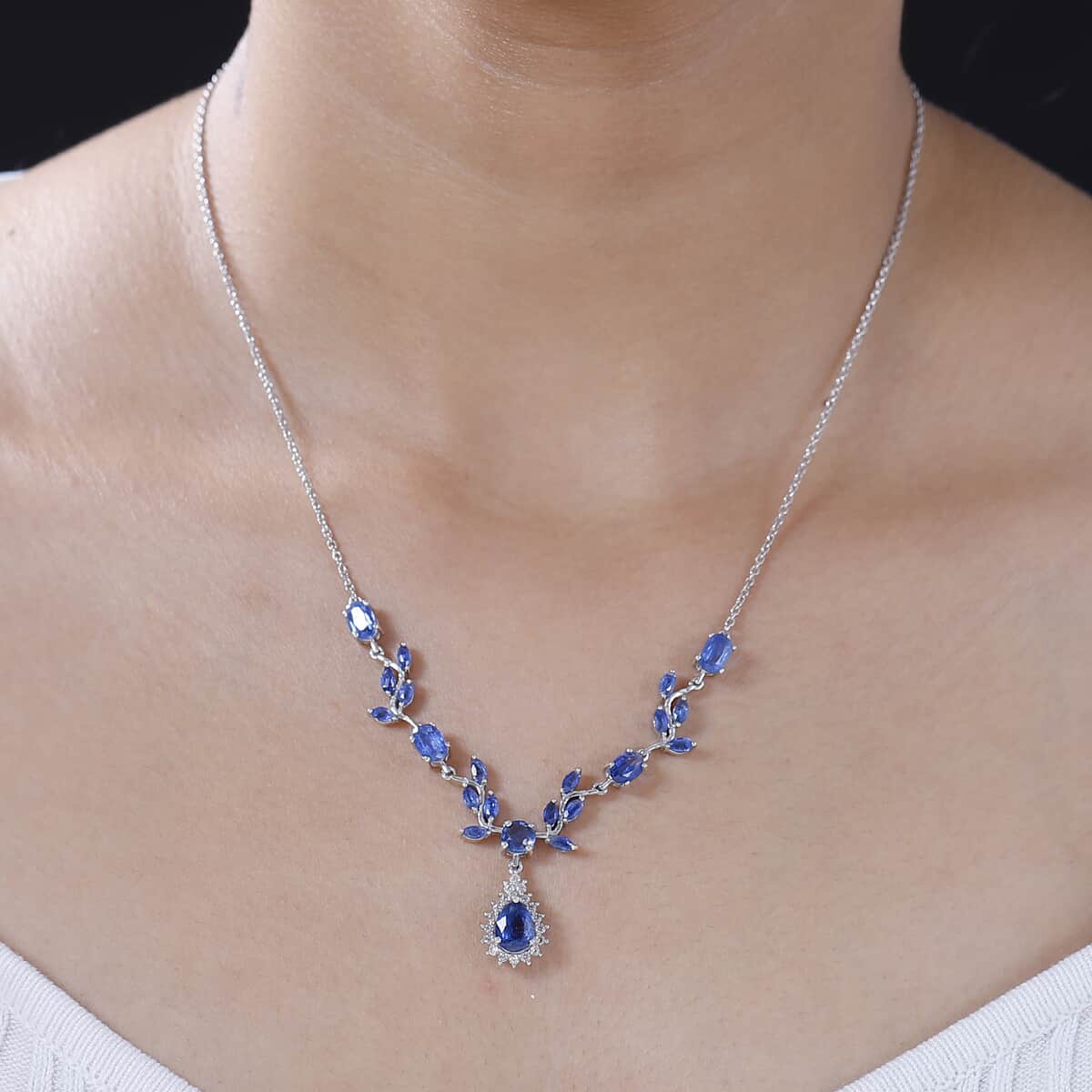 Kashmir Kyanite and White Zircon 7.00 ctw Drop Leaf Necklace in Rhodium Over Sterling Silver 18 Inches image number 2