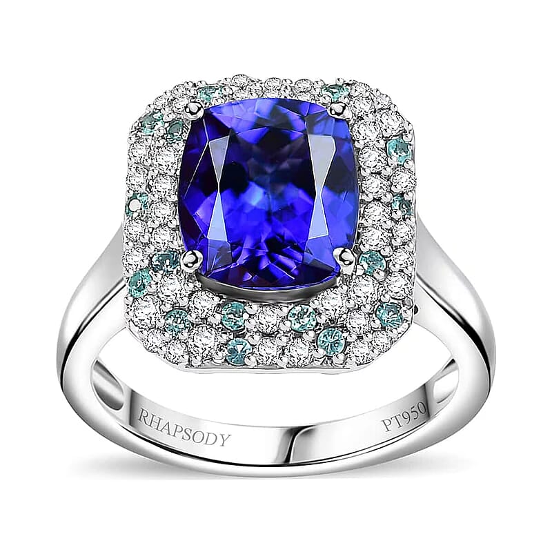 Certified & Appraised Rhapsody AAAA Tanzanite, Paraiba Tourmaline and E-F VS Diamond 4.25 ctw Ring in 950 Platinum (Size 6.0) 8.20 Grams