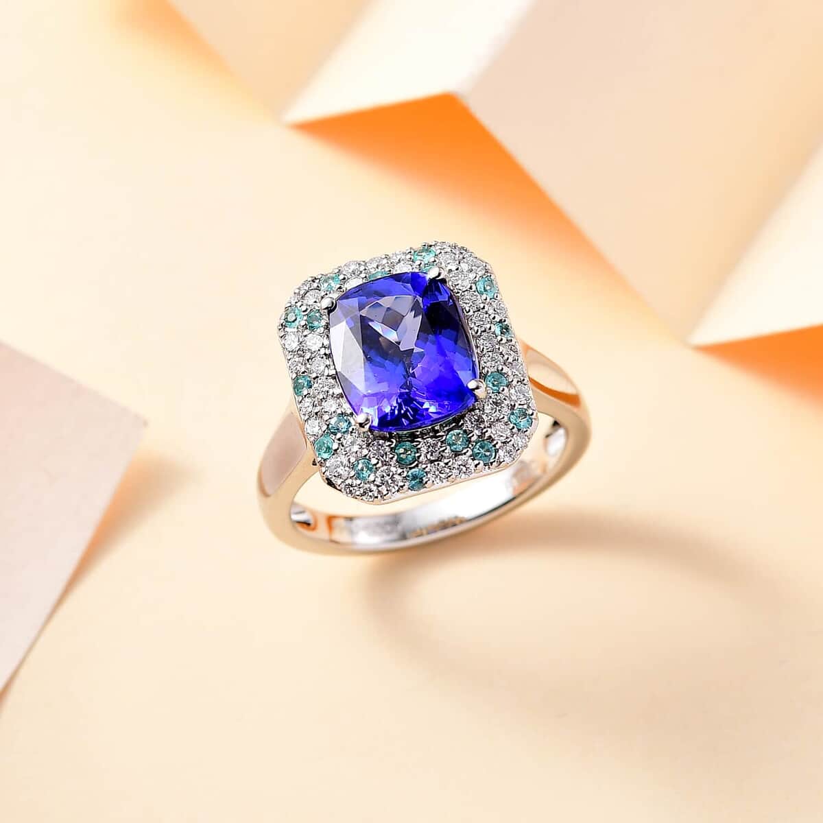 Certified & Appraised Rhapsody AAAA Tanzanite, Paraiba Tourmaline and E-F VS Diamond 4.25 ctw Ring in 950 Platinum 8.20 Grams image number 1