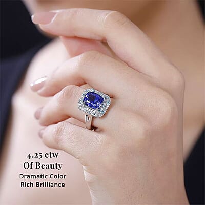 Certified & Appraised Rhapsody AAAA Tanzanite, Paraiba Tourmaline and E-F VS Diamond 4.25 ctw Ring in 950 Platinum (Size 6.0) 8.20 Grams