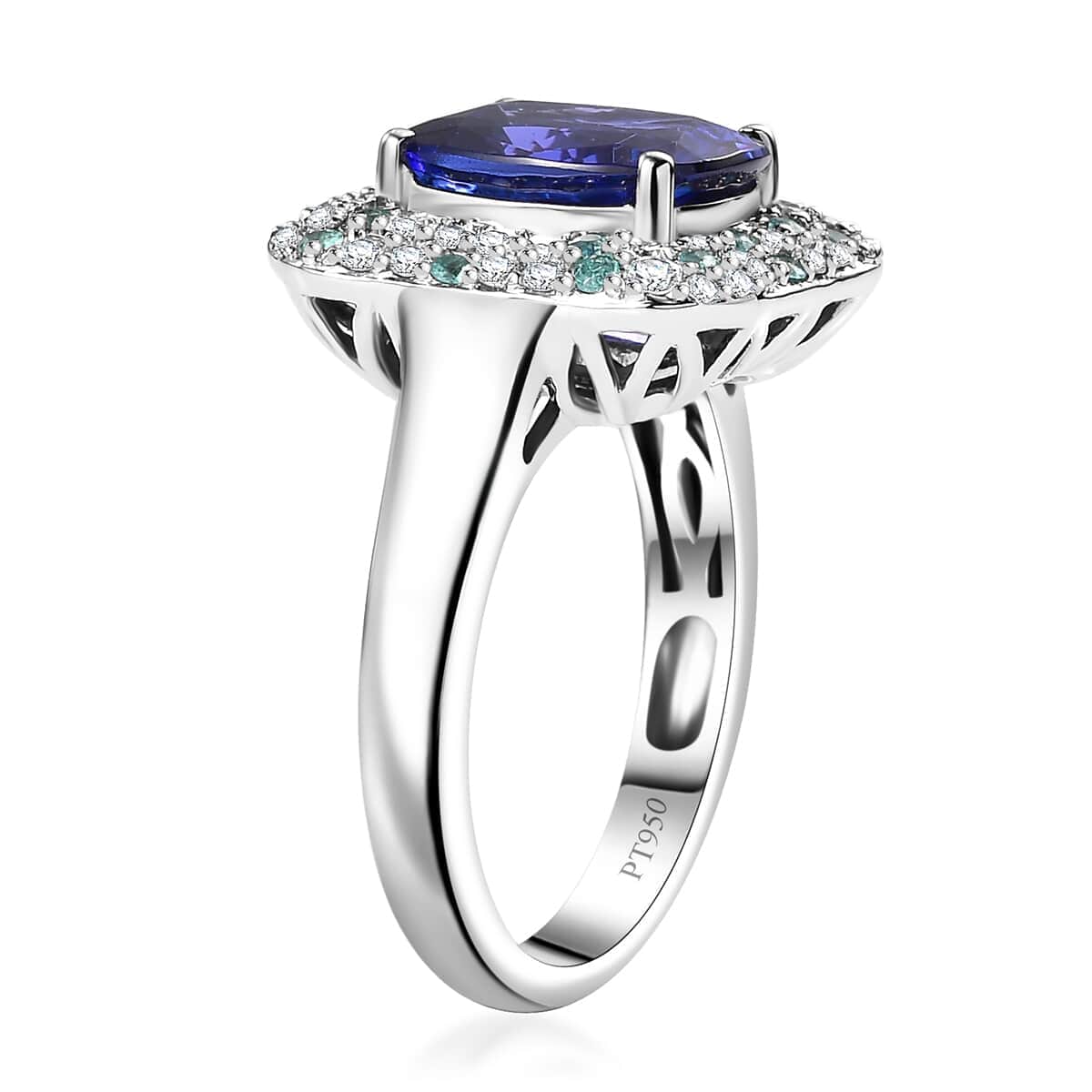 Certified & Appraised Rhapsody AAAA Tanzanite, Paraiba Tourmaline and E-F VS Diamond 4.25 ctw Ring in 950 Platinum 8.20 Grams image number 3