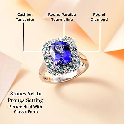 Certified & Appraised Rhapsody AAAA Tanzanite, Paraiba Tourmaline and E-F VS Diamond 4.25 ctw Ring in 950 Platinum (Size 6.0) 8.20 Grams