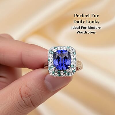 Certified & Appraised Rhapsody AAAA Tanzanite, Paraiba Tourmaline and E-F VS Diamond 4.25 ctw Ring in 950 Platinum (Size 6.0) 8.20 Grams