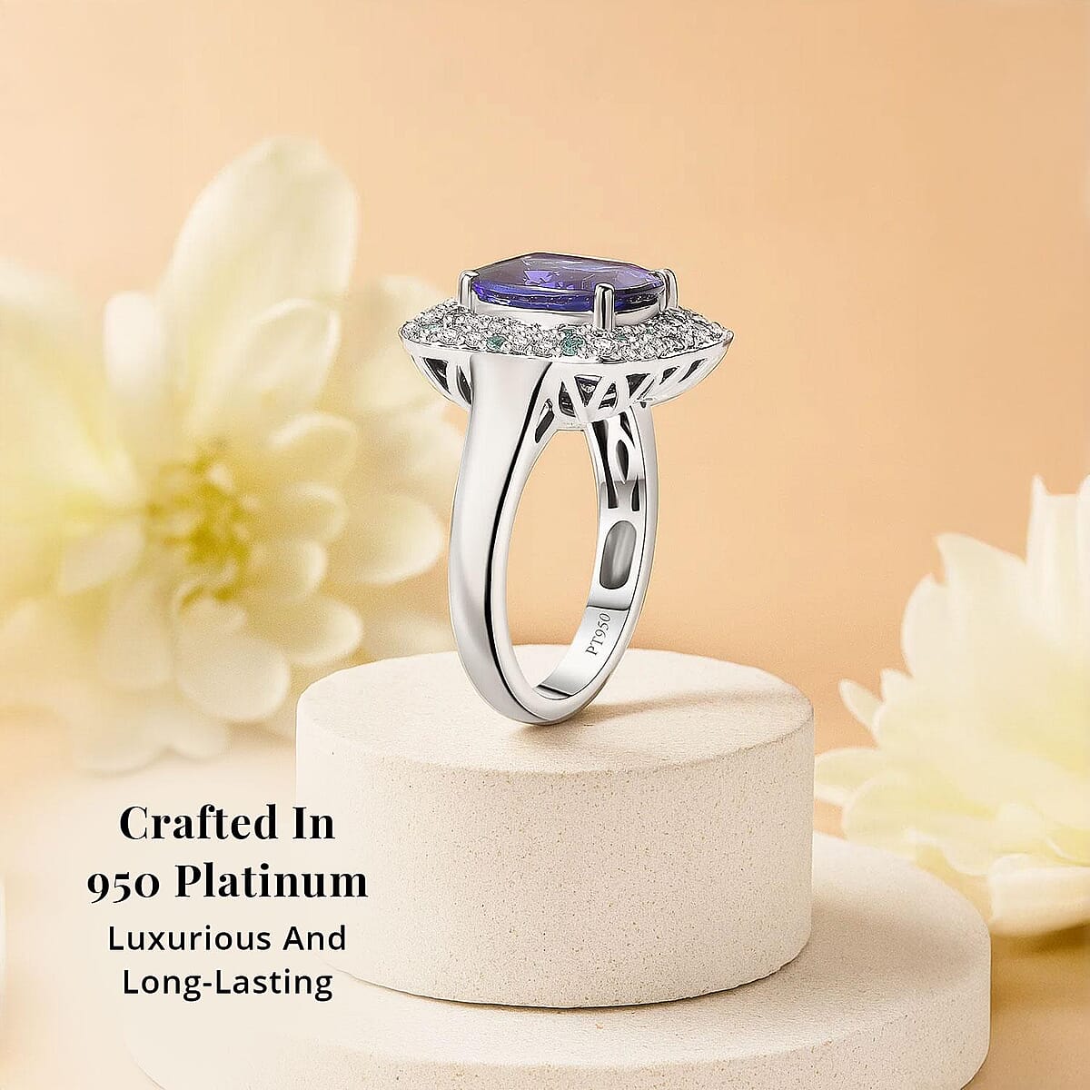 Certified & Appraised Rhapsody AAAA Tanzanite, Paraiba Tourmaline and E-F VS Diamond 4.25 ctw Ring in 950 Platinum (Size 7.0) 8.20 Grams image number 2