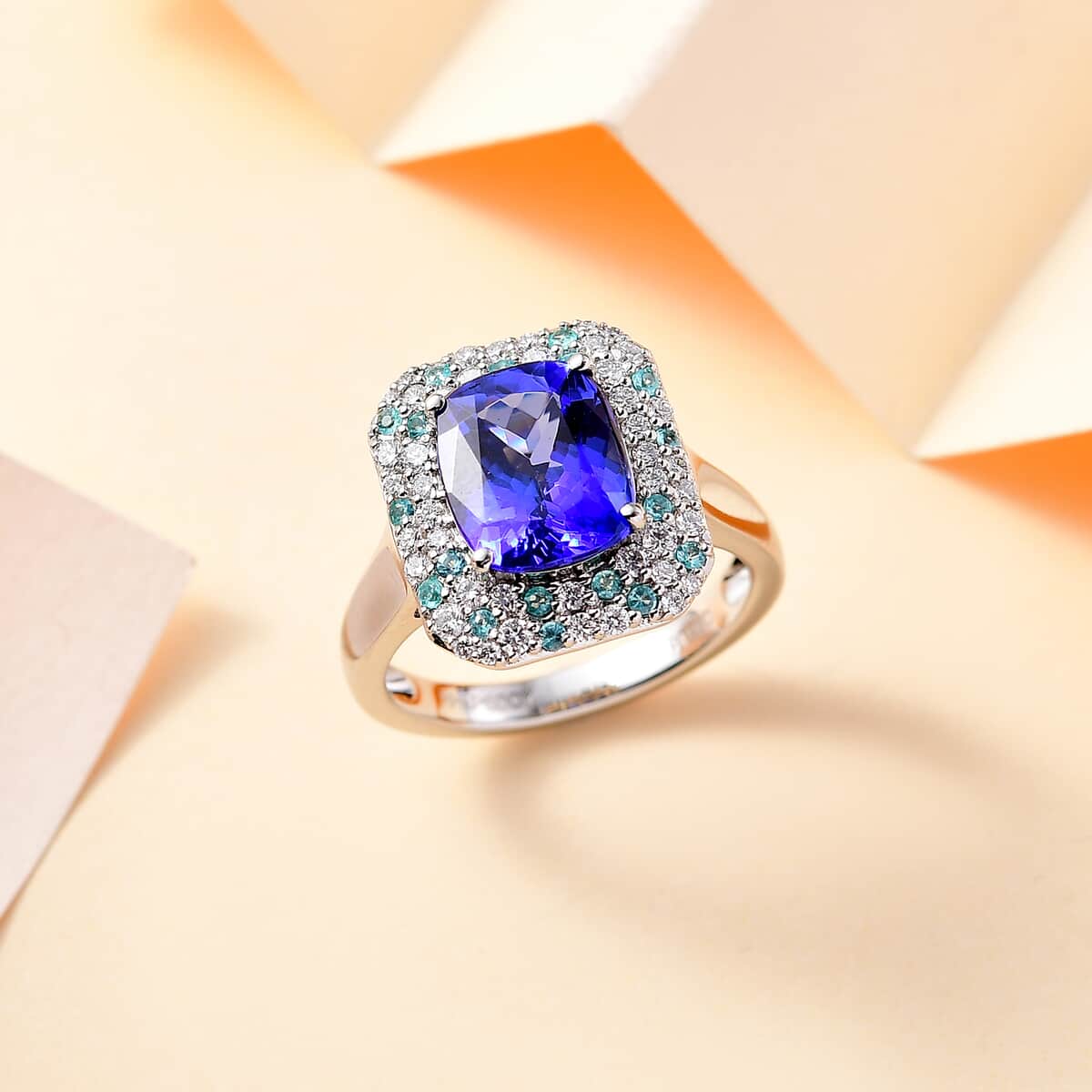 Certified & Appraised Rhapsody AAAA Tanzanite, Paraiba Tourmaline and E-F VS Diamond 4.25 ctw Ring in 950 Platinum (Size 8.0) 8.20 Grams image number 1