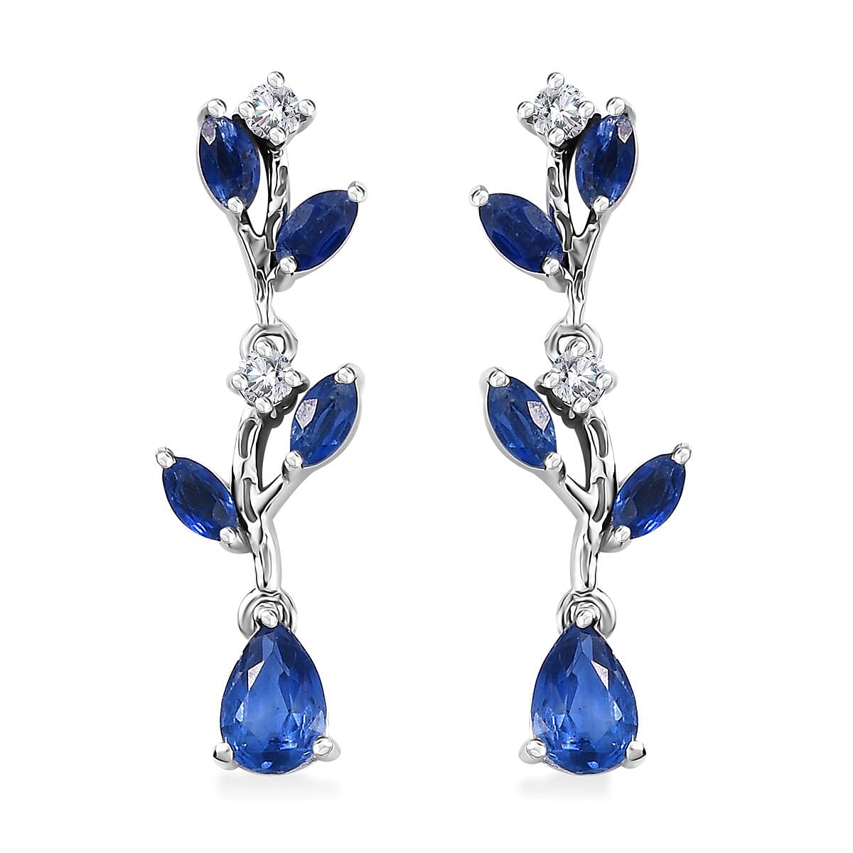Kashmir Kyanite and White Zircon 2.35 ctw Leaf Earrings in Rhodium Over Sterling Silver image number 0