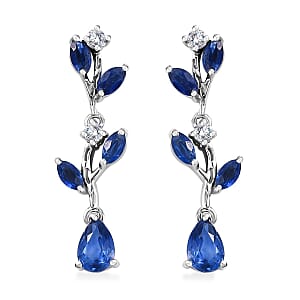 Kashmir Kyanite and White Zircon 2.35 ctw Leaf Earrings in Rhodium Over Sterling Silver
